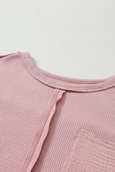 Pink Exposed Seam Patchwork Bubble Sleeve Waffle Knit Top - SELFTRITSS   