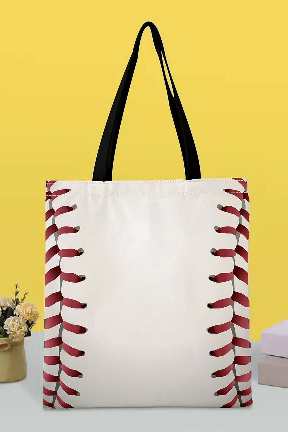White Baseball Print Canvas Tote Bag - SELFTRITSS