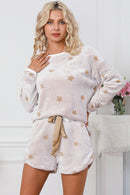 White Plush Star Pattern Long Sleeve Pullover and Shorts Lounge Set - SELFTRITSS