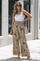 Multicolor Floral Print Shirred High Waist Wide Leg Casual Pants - SELFTRITSS