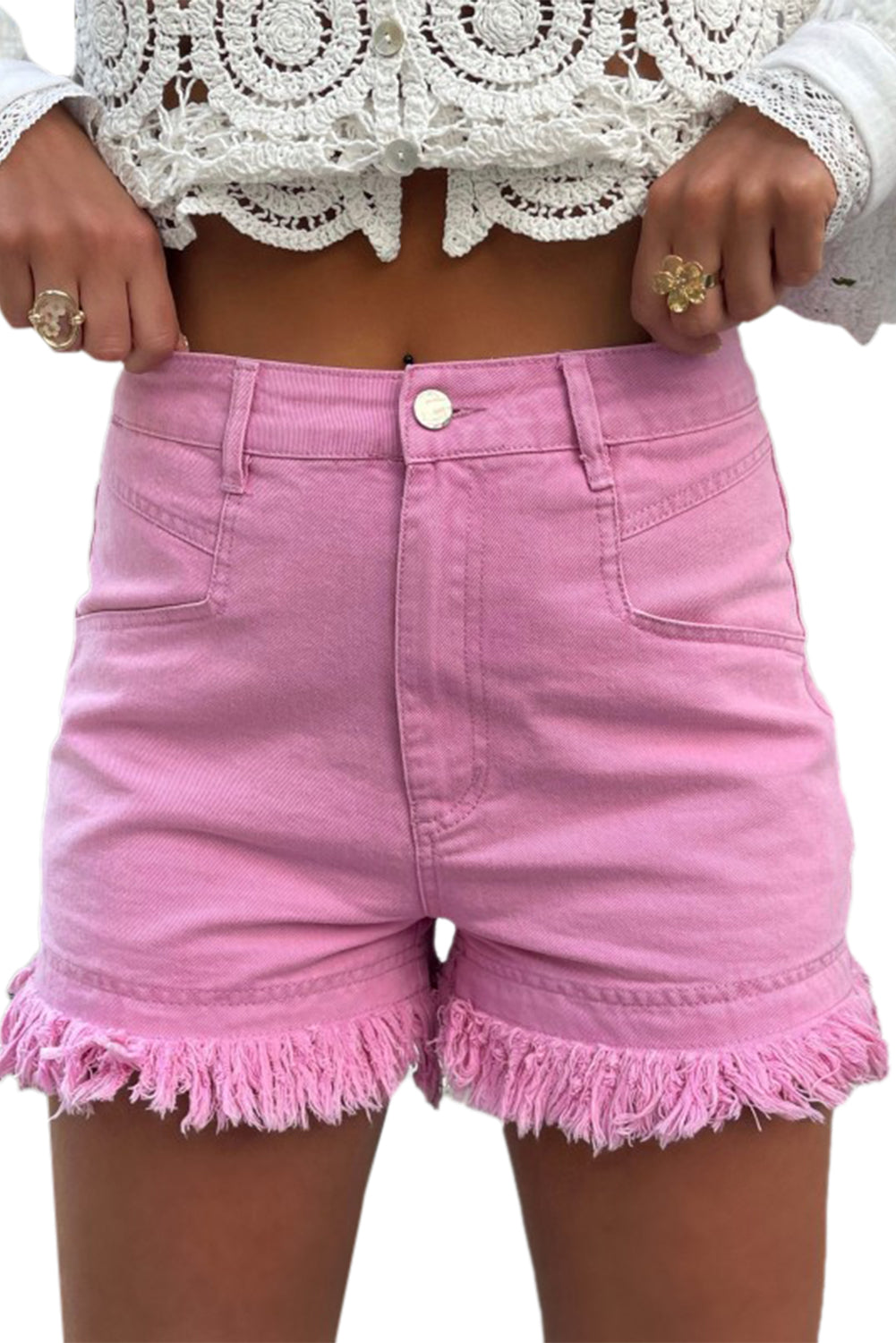 Pink Frayed Edge Mid Rise Denim Shorts - SELFTRITSS