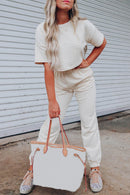 White Lattice Textured Cropped Tee and Jogger Pants Set - SELFTRITSS