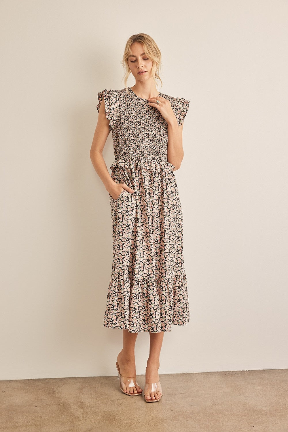 In February Floral Smocked Ruffled Midi Dress - SELFTRITSS   