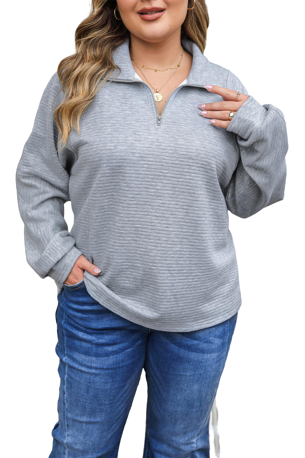 Light Grey Quarter Zipper Collared Ribbed Knit Plus Size Top - SELFTRITSS   