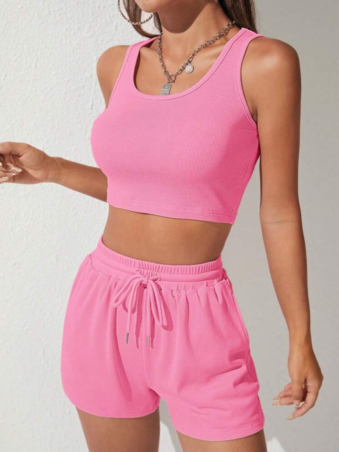 Scoop Neck Wide Strap Top and Drawstring Shorts Set - SELFTRITSS   