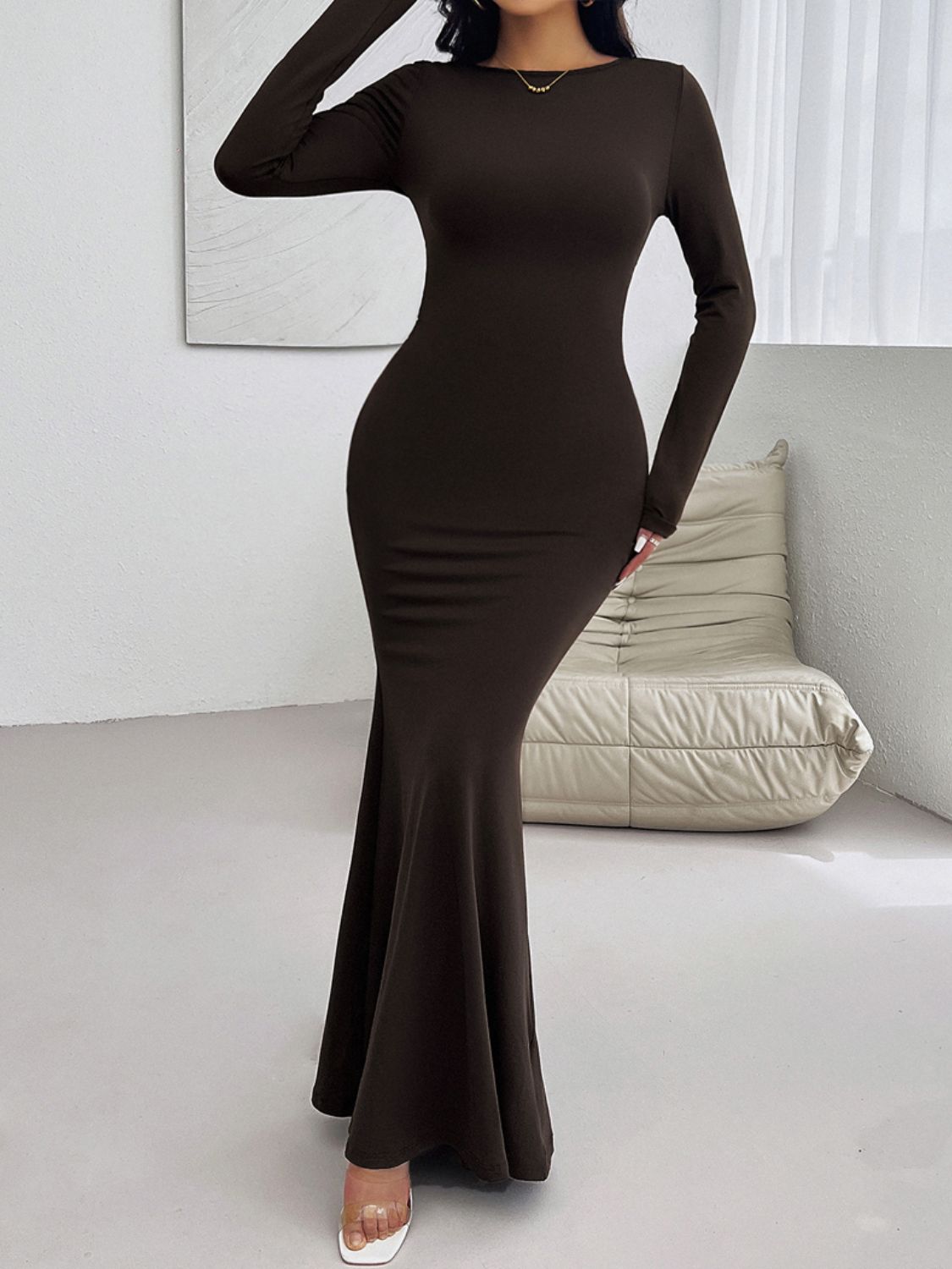 Devine Backless Round Neck Long Sleeve Maxi Dress - SELFTRITSS   