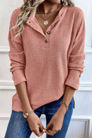 Rose Tan Rib Textured Henley Knit Top - SELFTRITSS   