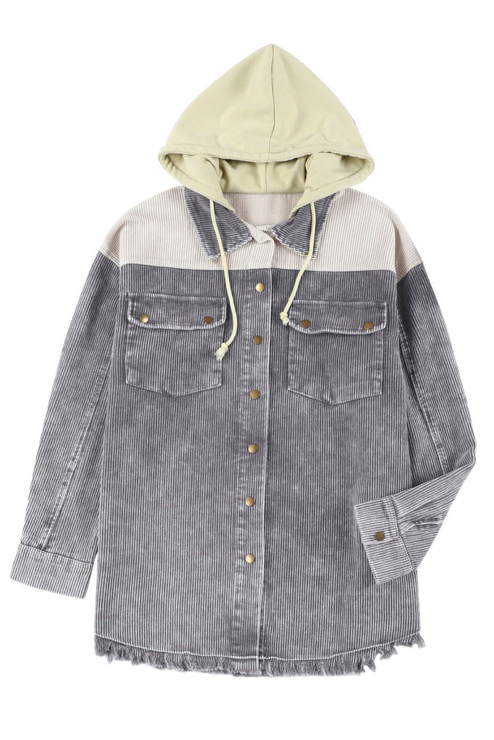 Gray Color Block Button Down Hooded Corduroy Jacket - SELFTRITSS   