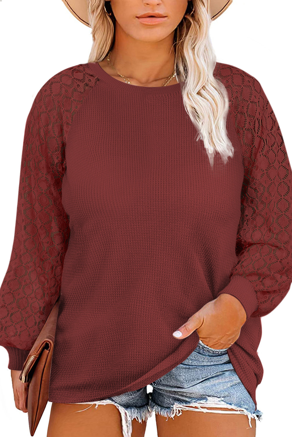 Red Plus Size Contrast Lace Sleeve Waffle Knit Top - SELFTRITSS