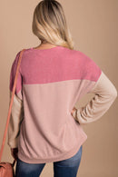 Pink Color Block Long Sleeve Ribbed Loose Top - SELFTRITSS   