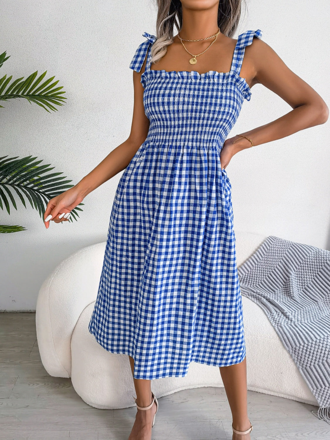 Frill Plaid Square Neck Midi Dress - SELFTRITSS   