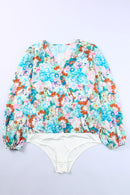 Sky Blue Floral Print Wrap Long Sleeve Bodysuit - SELFTRITSS