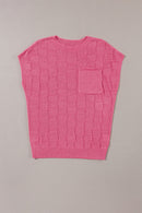 Bright Pink Lattice Textured Knit Short Sleeve Sweater - SELFTRITSS   