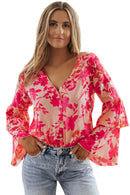 Pink Floral Print Tiered Bell Long Sleeve Buttoned Bodysuit - SELFTRITSS