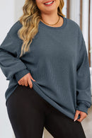 Blue Plus Size Corded Round Neck Sweatshirt - SELFTRITSS