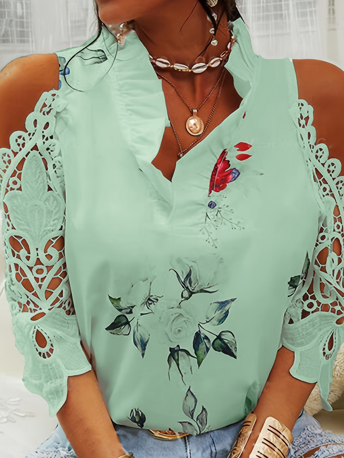 Full Size Lace Printed Half Sleeve Blouse - SELFTRITSS
