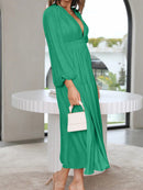 Deep V-Neck Balloon Sleeve Plain Maxi Dress - SELFTRITSS   