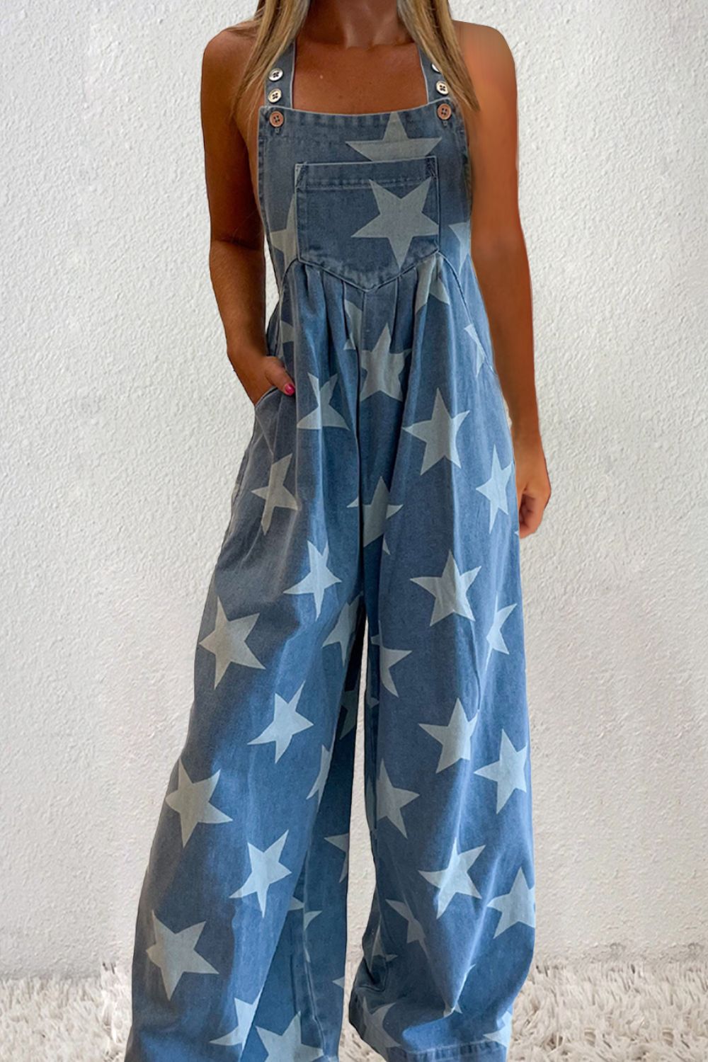 Star Square Neck Wide Leg Denim Overalls - SELFTRITSS   