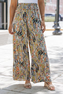 Multicolor Floral Print Shirred High Waist Wide Leg Casual Pants - SELFTRITSS