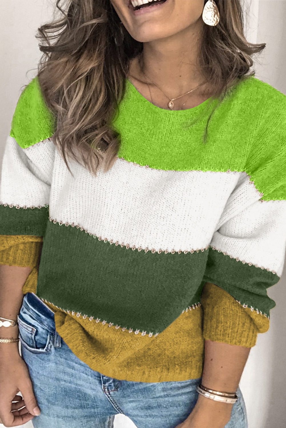 Green Plus Size Color Block Patchwork Sweater - SELFTRITSS