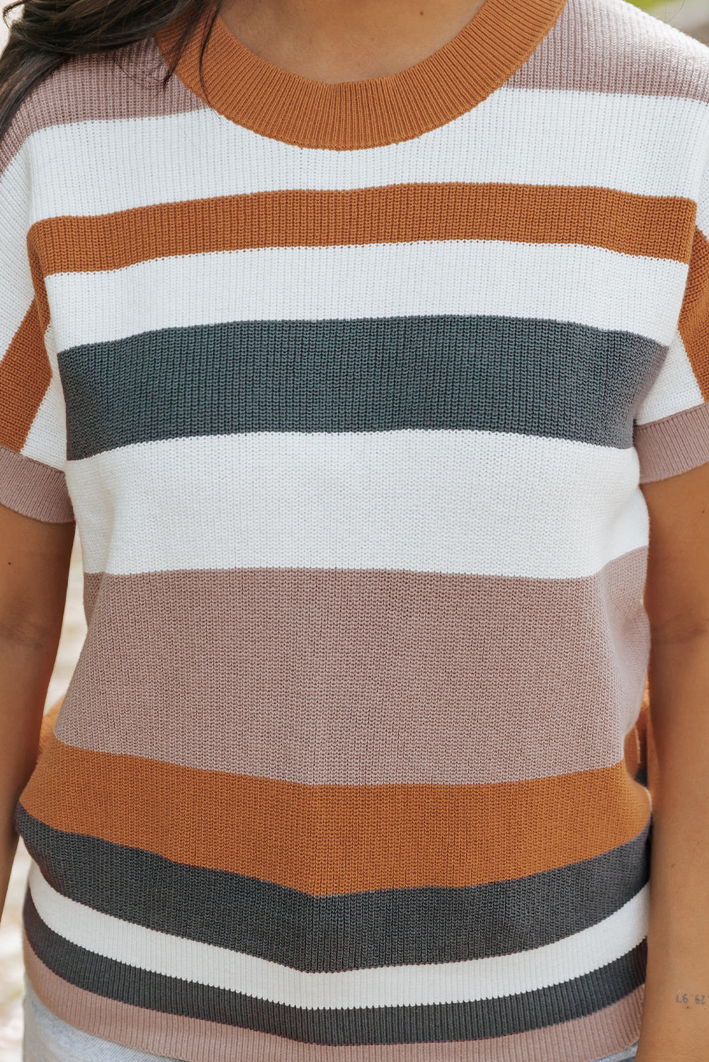 Camel Striped Knit Crew Neck T Shirt Sweater - SELFTRITSS   