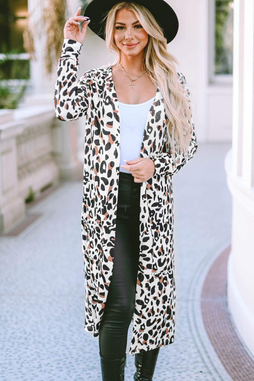 Leopard Pocketed Open Front Duster Cardigan - SELFTRITSS   