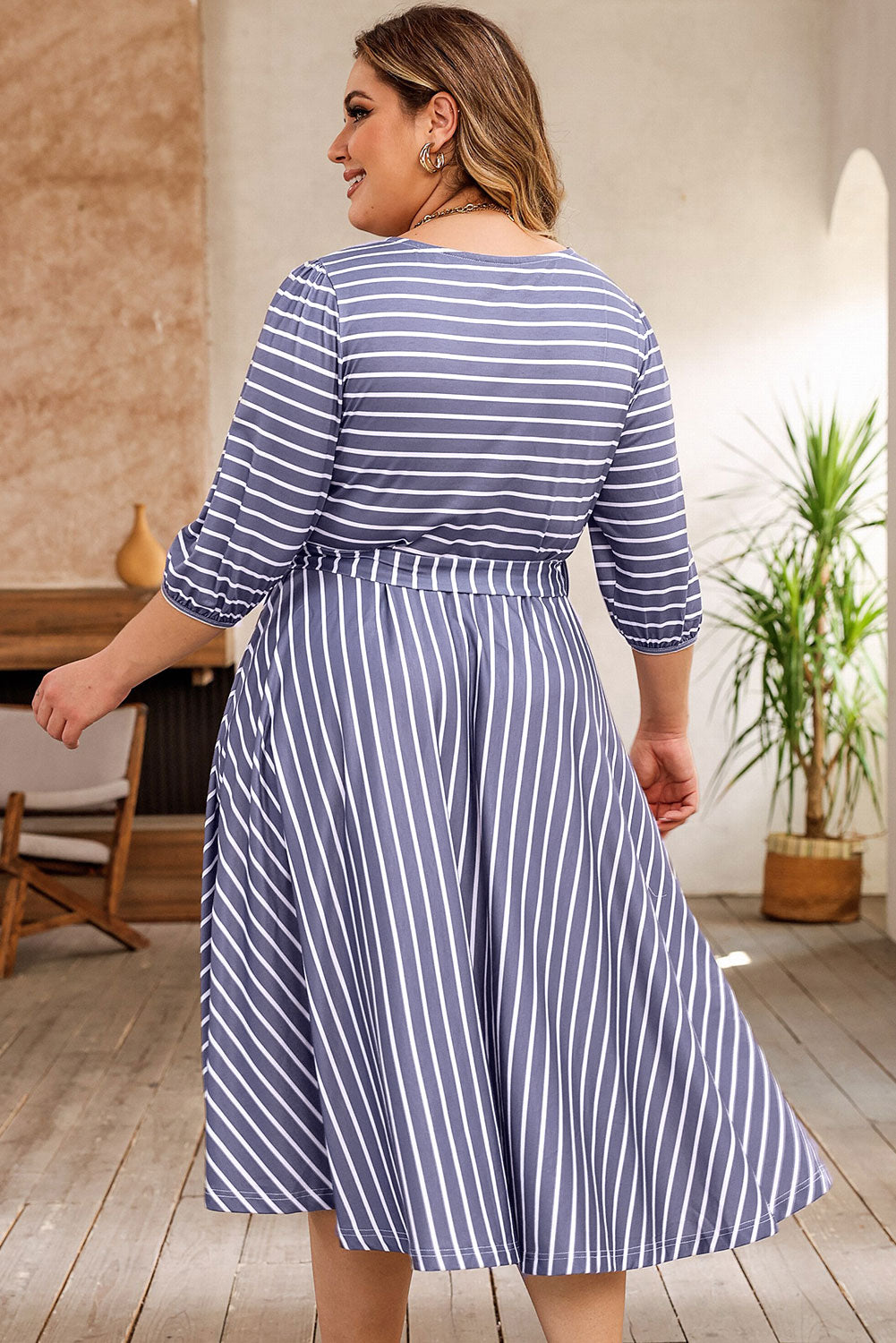 Gray Striped Tie Waist 3/4 Sleeve Plus Size Dress - SELFTRITSS