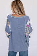 Sky Blue Printed Pinstriped Color Block Patchwork Oversized Top - SELFTRITSS