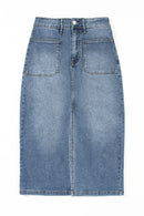 Sky Blue 4 Patch Pockets Front Slit Midi Denim Skirt - SELFTRITSS