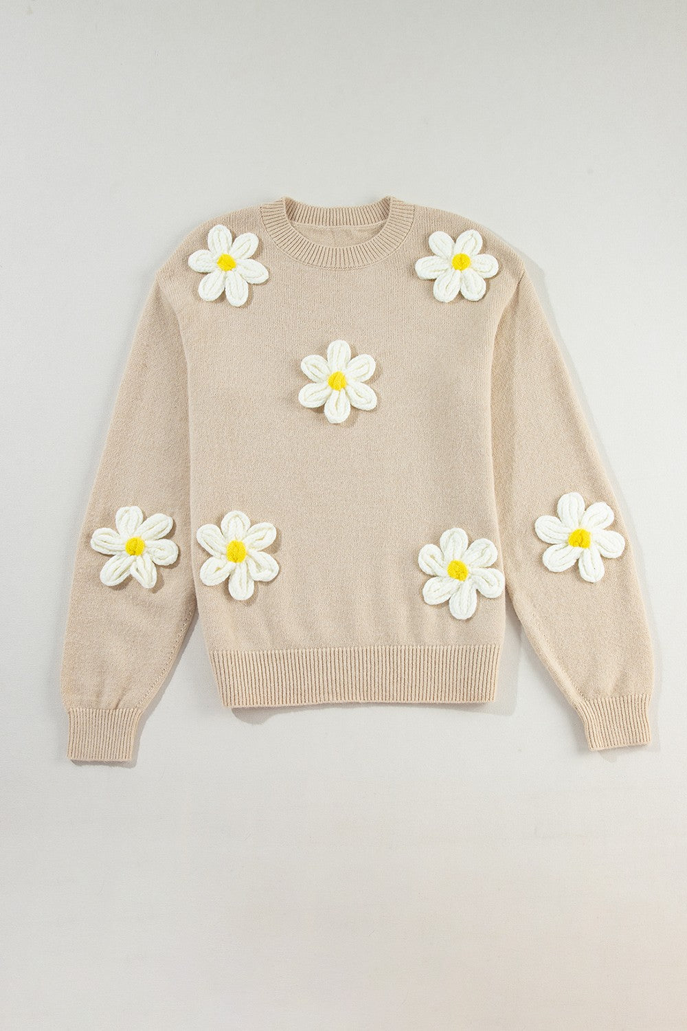 Crochet Flower Round Neck Long Sleeve Sweater - SELFTRITSS   