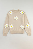 Crochet Flower Round Neck Long Sleeve Sweater - SELFTRITSS   