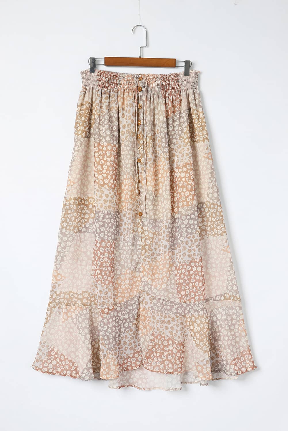 Apricot Boho Flower Print Smocked Waist Button Slit Maxi Skirt - SELFTRITSS