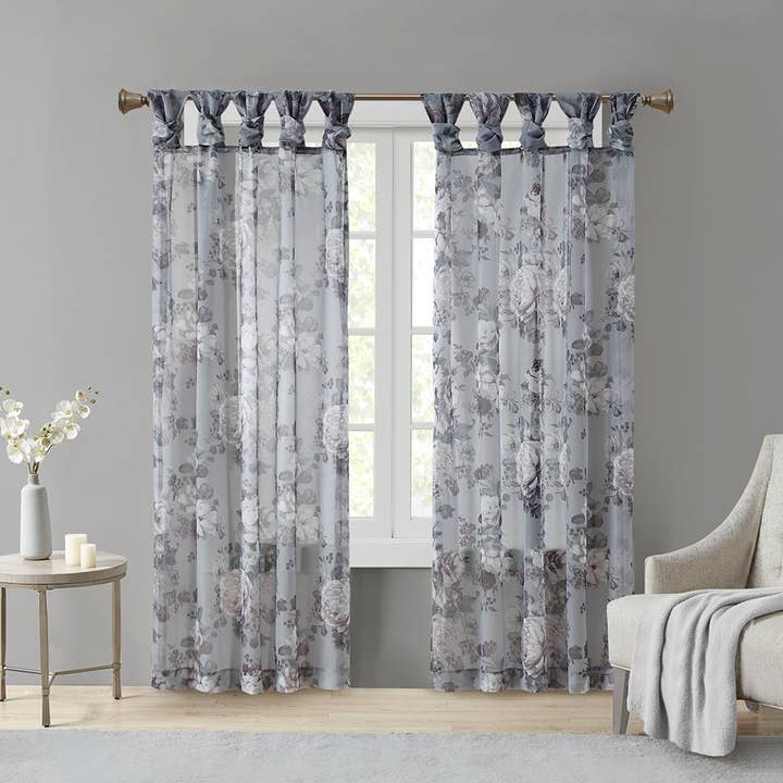 Floral Twist Tab Sheer Window Curtain, Grey 95"