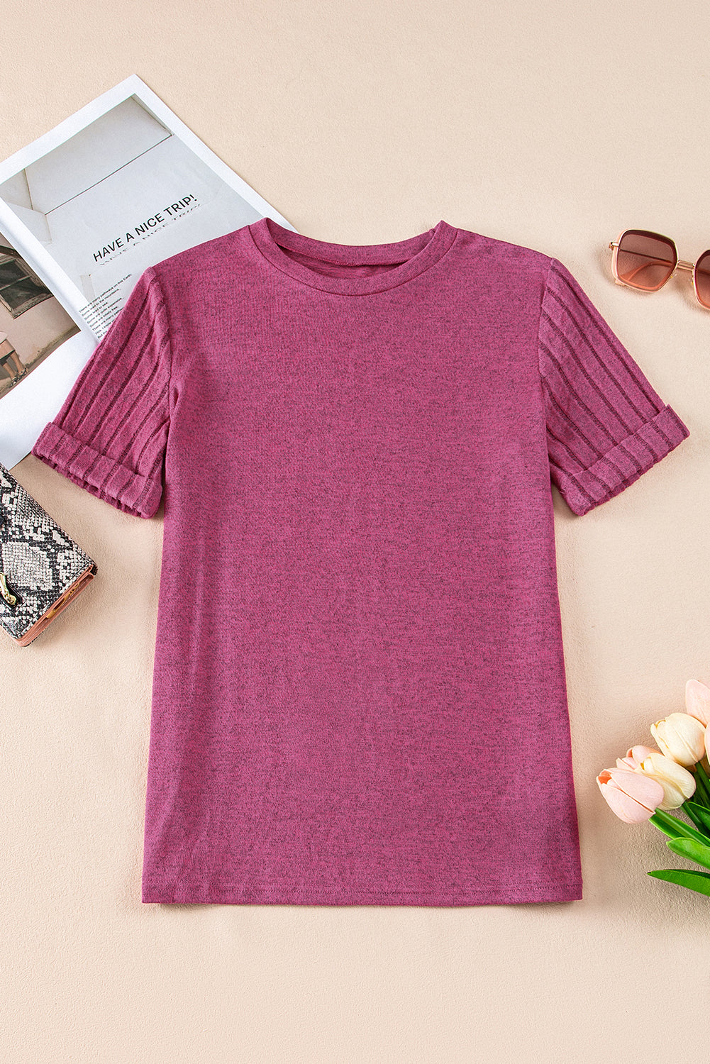 Bright Pink Ribbed Splicing Sleeve Round Neck T-shirt - SELFTRITSS