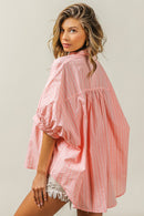 Button Up Striped Dolman Sleeve Shirt - SELFTRITSS   