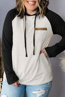 Black Striped Raglan Sleeve Buttoned Pocket Plus Size Hoodie - SELFTRITSS