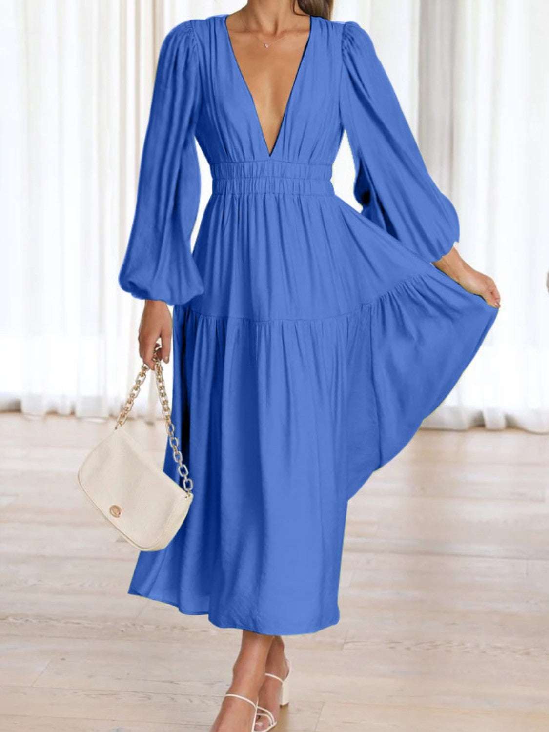 Deep V-Neck Balloon Sleeve Plain Maxi Dress - SELFTRITSS   