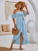 High-Low Smocked Short Sleeve Midi Dress - SELFTRITSS   