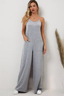 Gray Patch Pockets Spaghetti Strap Wide Leg Jumpsuit - SELFTRITSS   