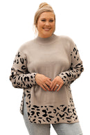 Khaki Plus Size Leopard Patchwork High Neck Sweater - SELFTRITSS