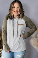 Green Striped Raglan Sleeve Buttoned Pocket Plus Size Hoodie - SELFTRITSS