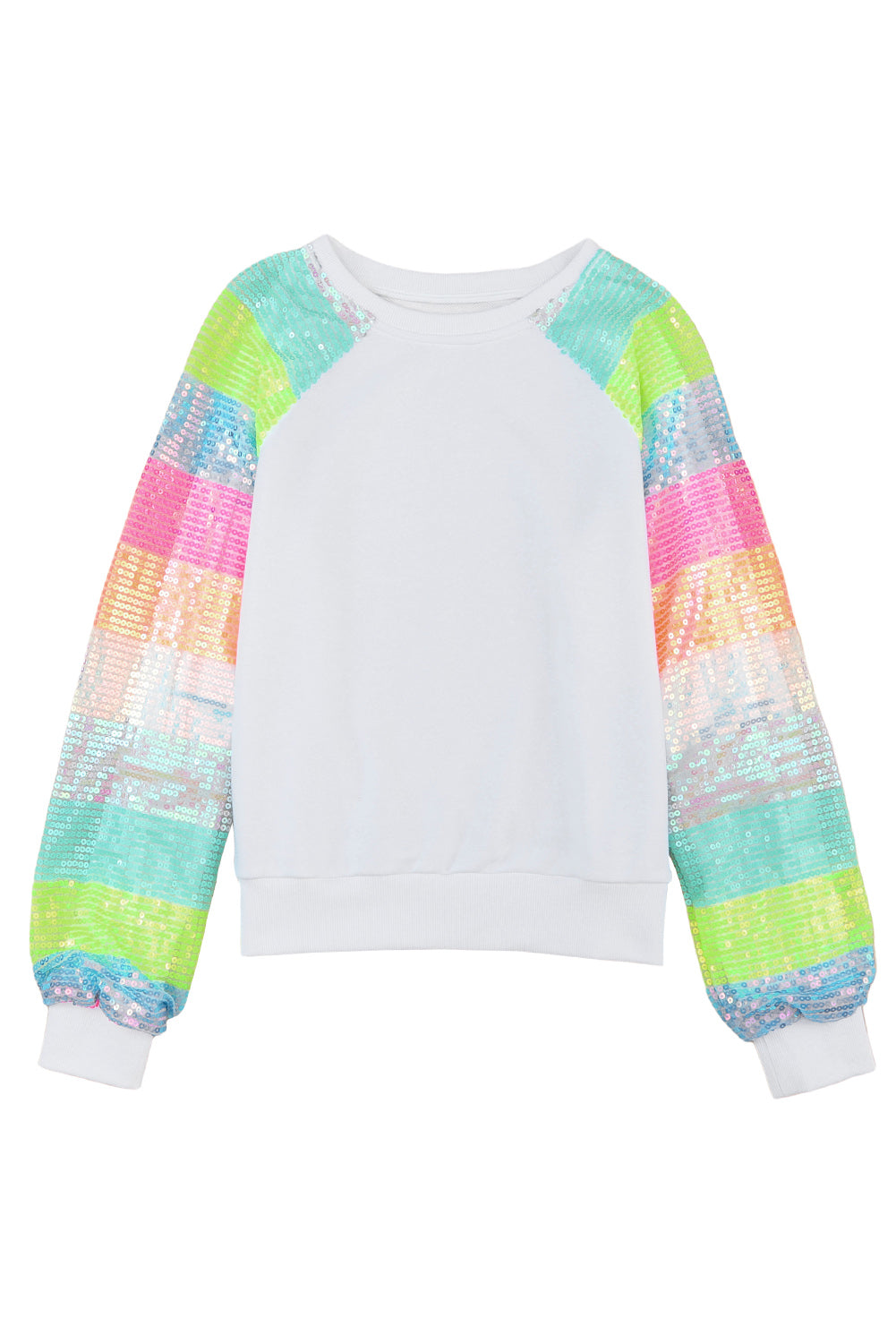 White Sequin Color Block Raglan Sleeve Pullover Sweatshirt - SELFTRITSS