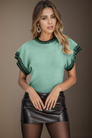 Contrast Trim Round Neck Short Sleeve Knit Top - SELFTRITSS