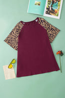 Burgundy Contrast Leopard Raglan Sleeve Plus Size T-shirt - SELFTRITSS