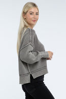 Sage Washed Side Slit Oversized Cropped Sweater