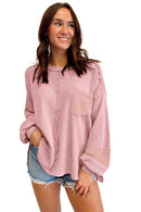 Pink Exposed Seam Patchwork Bubble Sleeve Waffle Knit Top - SELFTRITSS   