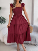 Smocked Square Neck Cap Sleeve Midi Dress - SELFTRITSS   