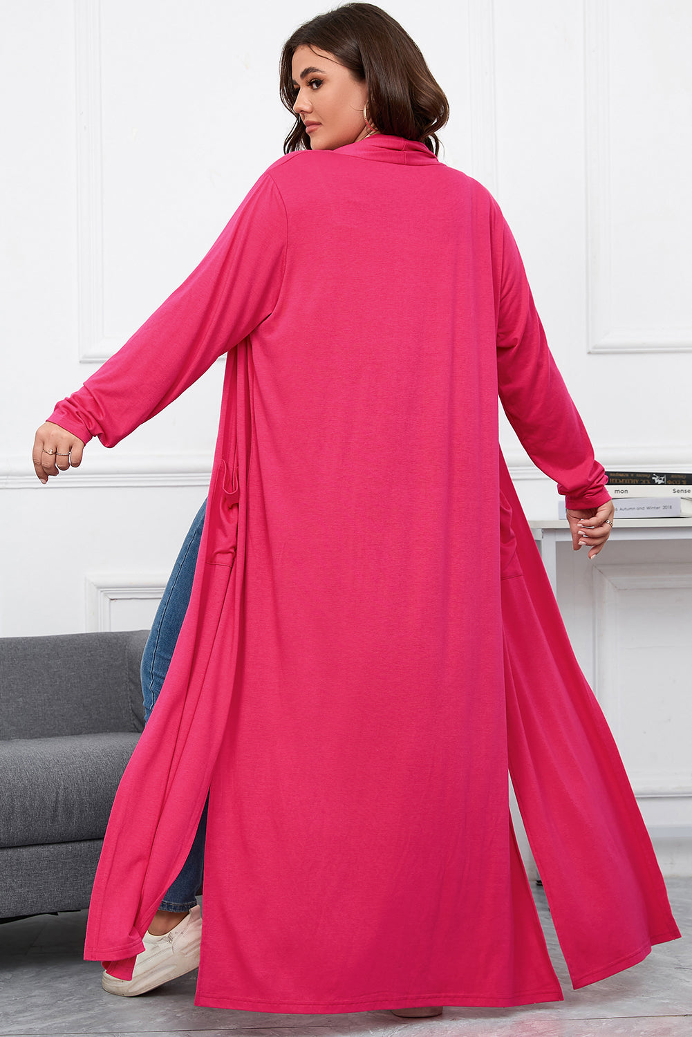 Strawberry Pink Plus Size Side Split Pockets Duster Cardigan - SELFTRITSS   