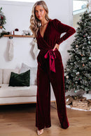 Fiery Red Velvet Pocketed Cut out Back Wide Leg Jumpsuit - SELFTRITSS