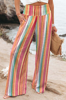 Multicolor Striped Smocked High Waist Wide Leg Pants - SELFTRITSS   